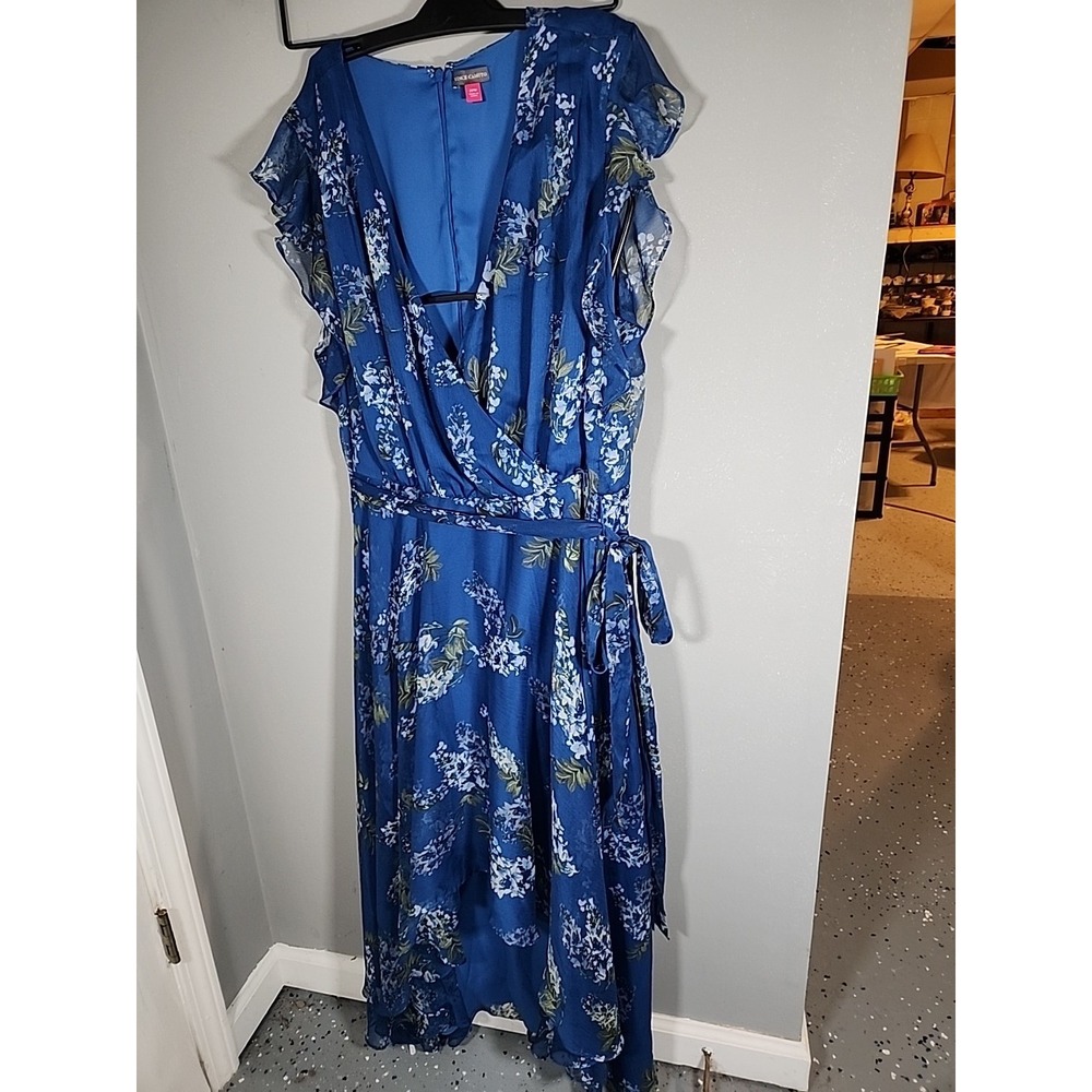 Vince Camuto Blue V Neck Floral‎ Full-Length Fit+Flare Evening Dress Size22W F91